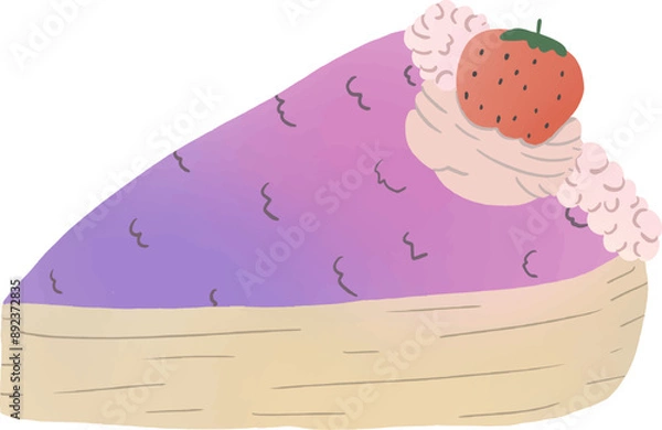 Fototapeta Cartoon triangular cake in pink, purple, orange, topped with cream and decorated with strawberries