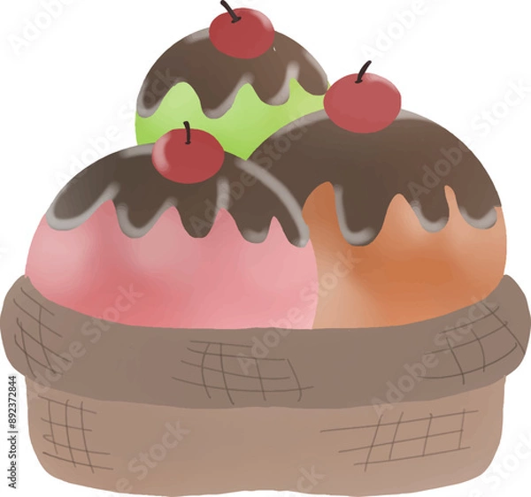 Fototapeta Colorful cartoon popsicles with three strawberries, lemons, and grapes in one cup, all in a wooden cup. Decorate with cream and cherries