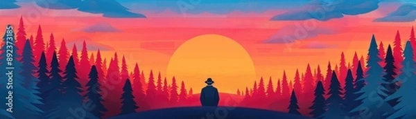 Fototapeta Red forest, vibrant sunset, cloud-filled sky, flat design illustration