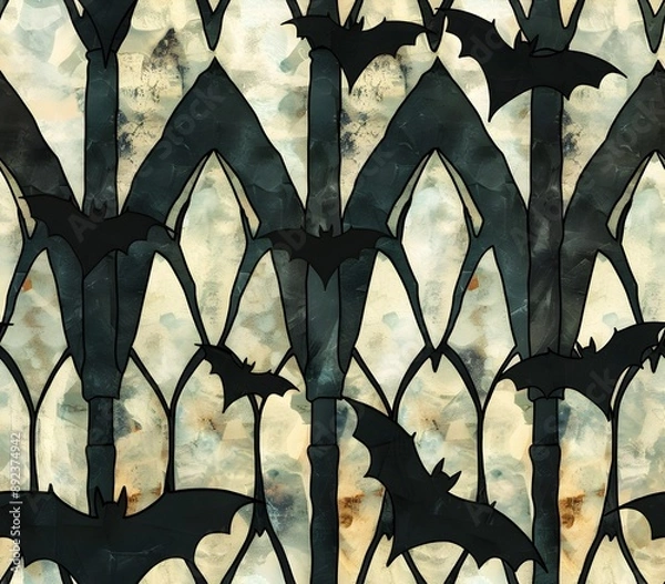 Fototapeta Seamless Pattern of Bats in Flight against Gothic Stained Glass Arches
