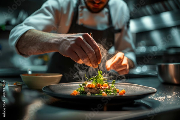 Fototapeta close up horizontal image of a fine dining chef finishing to plate a fancy dish in a restaurant kitchen