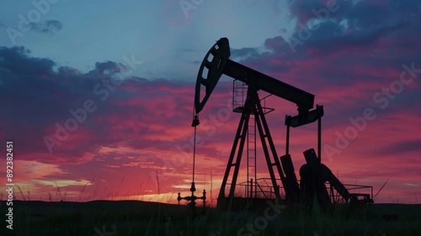 Fototapeta Oil Rig Silhouette Framed by a Beautiful Sunset Horizon