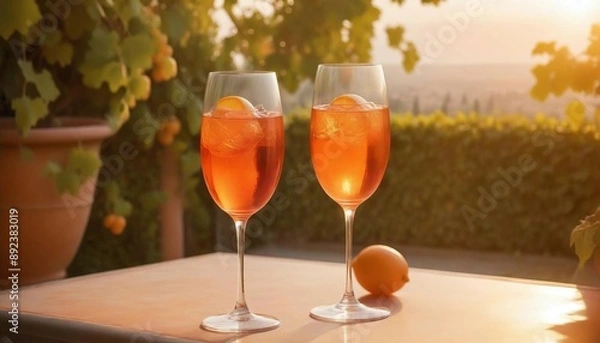 Fototapeta An Aperol spritz on a stylish patio in an Italian villa, with grapevines in the background and the golden hour light enhancing the ambiance.
