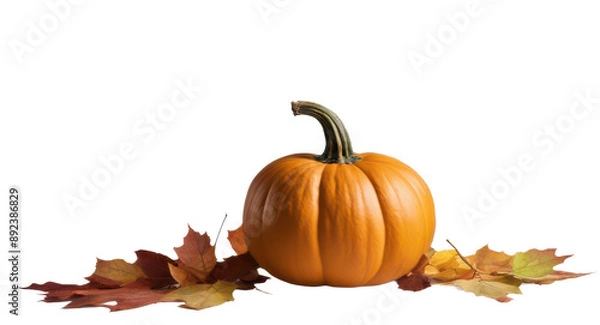 Fototapeta Pumpkin resting on colorful autumn leaves isolate on transparent background, cutout, png 