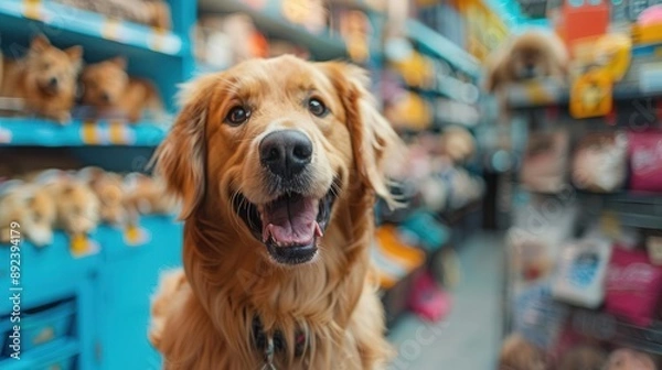 Fototapeta A funny happy dog exploring colorful aisles of a pet shop, surrounded by animal accessories, wideangle