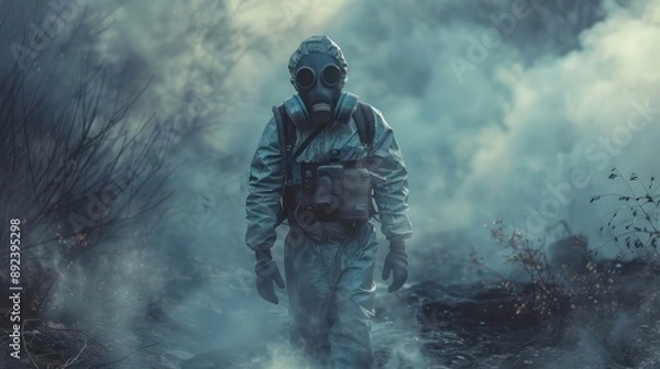Fototapeta Man in Hazmat Suit Walking Through Smoke Filled Forest