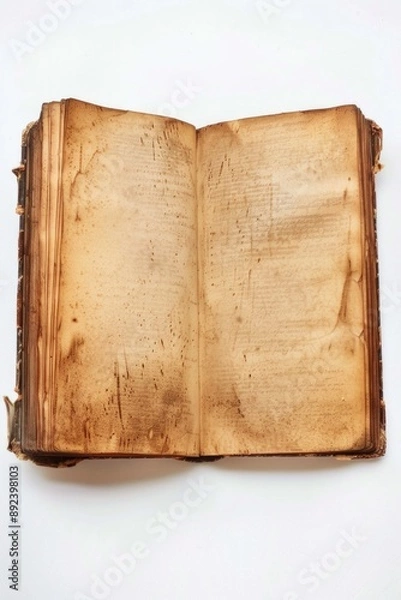 Fototapeta An old book lies open on a white surface, inviting reading