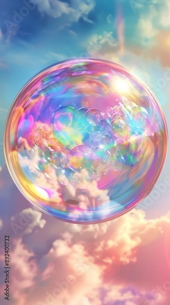 Fototapeta Iridescent soap bubble floating in the sky with clouds, dreamy and whimsical concept