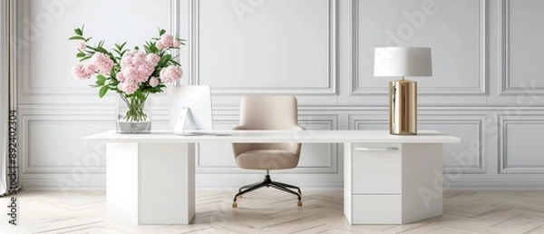 Fototapeta A stylish office space with monochromatic tones, elegant glass cabinets, and a professional environment, captured in photorealistic detail