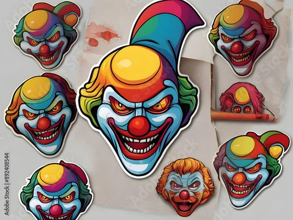 Fototapeta clown with a smile,illustration of a skull with lips and a cigarette,face of a vampire,cartoon zombie,clown with hair and a mask,skull and crossbones,face with hair,mask iface of a person with a smile