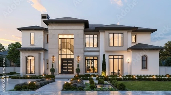 Fototapeta Front view of a luxury suburban home with a minimalist approach, featuring clean lines and a neutral color palette Ensure room for text