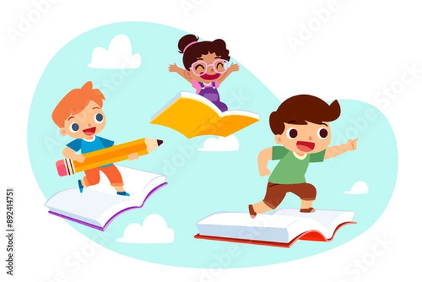 Fototapeta kids riding flying book in the sky