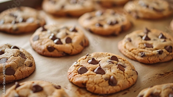 Fototapeta Freshly baked chocolate chip cookies cooling on a baking sheet