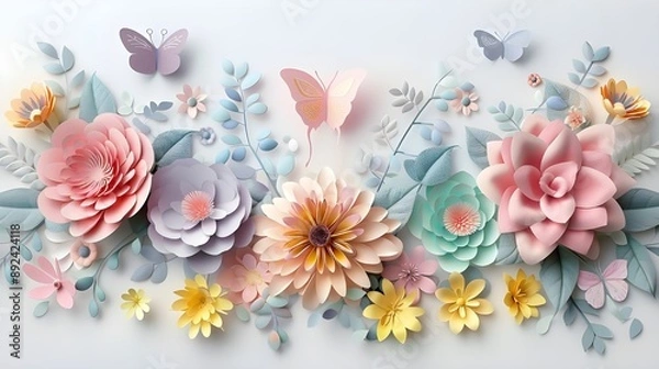 Fototapeta 3d render, abstract cut paper flowers isolated on white, botanical background, festive floral arrangement. Rose, daisy, dahlia, butterfly and leaves in pastel color palette. Simple modern wall decor