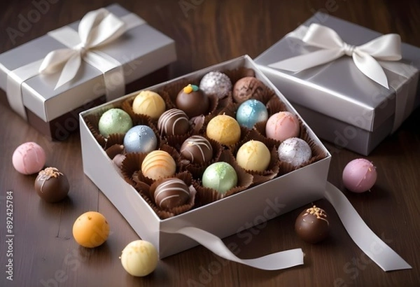 Fototapeta assorted gourmet chocolate truffles in a black silk
