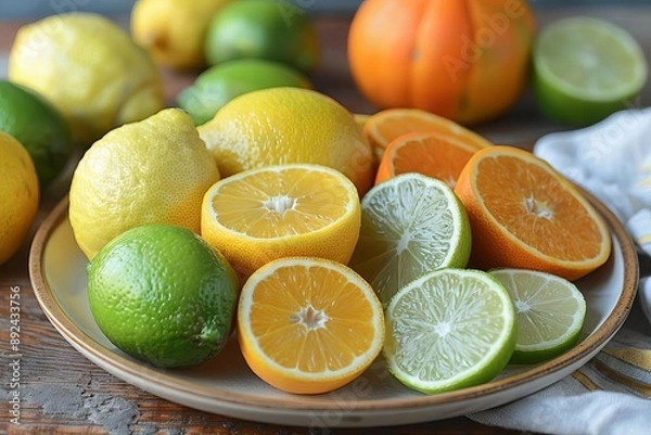 Fototapeta A plate of citrus fruits including lemons, limes, and oranges, Fresh fruits, zesty and refreshing