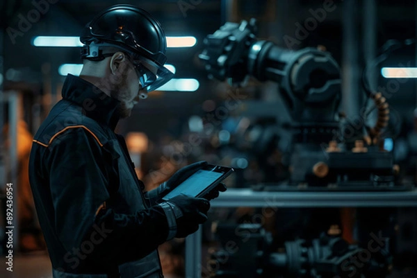 Fototapeta Industrial Worker Using Tablet in Factory.
