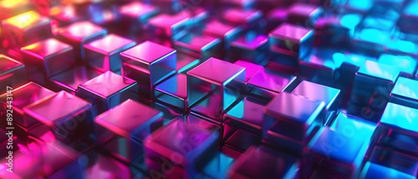 Obraz A vibrant abstract composition featuring luminous cubes arranged in a dynamic layout, showcasing colorful reflections and depth.