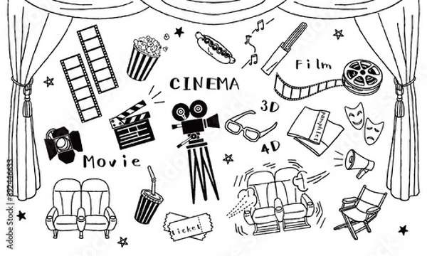 Obraz 映画館イラストセット　手描き白黒線画