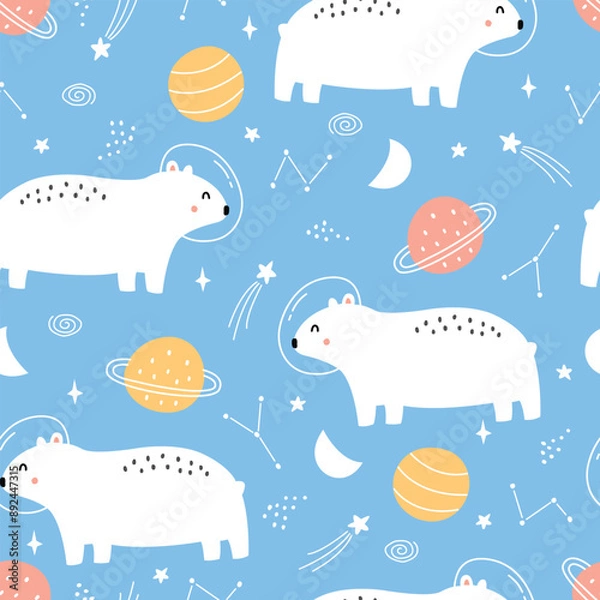 Fototapeta Cute Polar Bears and Planets Seamless Pattern