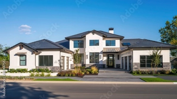 Fototapeta Minimalist luxury home exterior in a suburban setting, featuring a dark slate roof and white stucco walls Space for text required