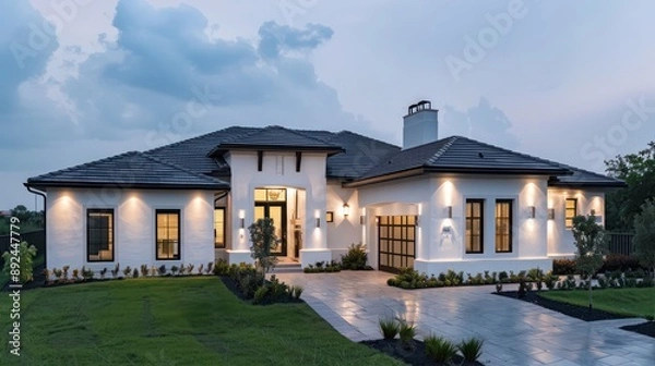 Fototapeta Minimalist luxury home exterior in a suburban setting, featuring a dark slate roof and white stucco walls Space for text required