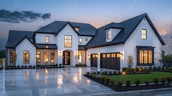 Fototapeta Minimalist luxury home exterior in a suburban setting, featuring a dark slate roof and white stucco walls Space for text required