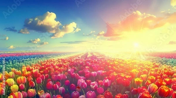 Fototapeta A radiant flower background, depicting fields of sunlit tulips in a rainbow of colors, stretching towards the horizon under a vast blue sky.