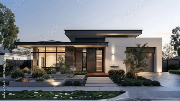 Fototapeta Modern suburban home front view with a minimalist aesthetic, featuring a flat roof and neutral color palette