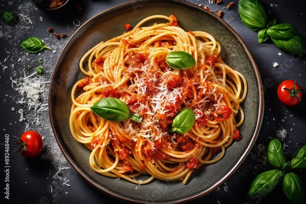Fototapeta delicious appetizing pasta with tomato sauce and basil. top view