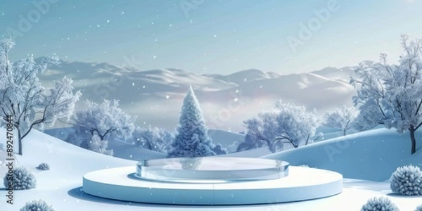 Fototapeta Front view of an elegant frosted glass podium, set against a Winter Wonderland background, perfect for showcasing holiday season products.