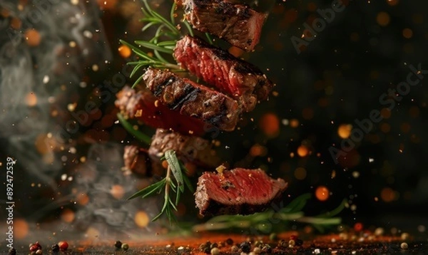 Fototapeta A close up of a piece of meat with a lot of seasoning on it. Free copy space for text.