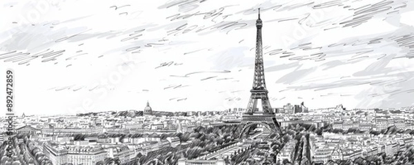 Fototapeta Hand-drawn sketch of Eiffel Tower with Paris cityscape.