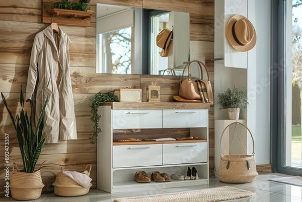 Fototapeta Scandinavian-style entrance hall featuring a Garderobe's continuation set with a mirror, shoe cabinet, and bench in white high gloss and light oak wood, showcasing modern interior design.