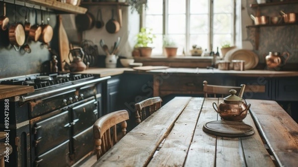 Fototapeta a rustic kitchen with wooden dining chairs and hanging copper pots, showcasing a cozy cooking concept perfect for a banner
