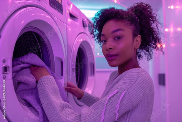 Fototapeta A woman is standing in front of a dryer, holding a towel
