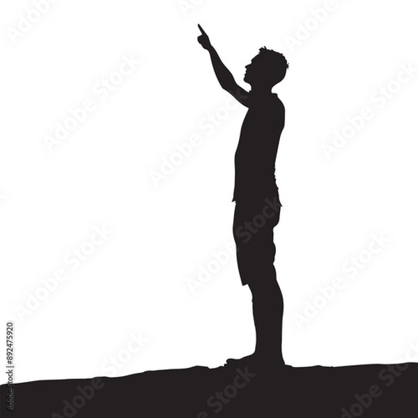 Fototapeta Simple male side view silhouette points with his fingers, black vector illustration on white background