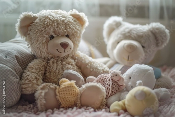 Obraz A heartwarming collection of soft toys in a serene nursery setting, perfect for a baby's playtime. The toys are arranged neatly on a plush carpet, surrounded by gentle colors and textures.