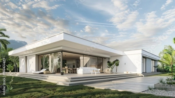Fototapeta Sleek, white minimalist home with a striking flat roof and expansive patio area, set against a lush green backdrop Include copy space for text