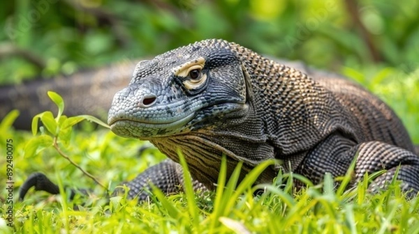 Fototapeta A close up image of a Komodo Dragon laying on the grass with a watchful state