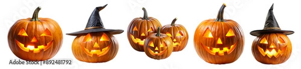 Fototapeta Halloween pumpkins set isolated on transparent white background, png. Halloween carved pumpkin lanterns with smiling faces and witch hats.