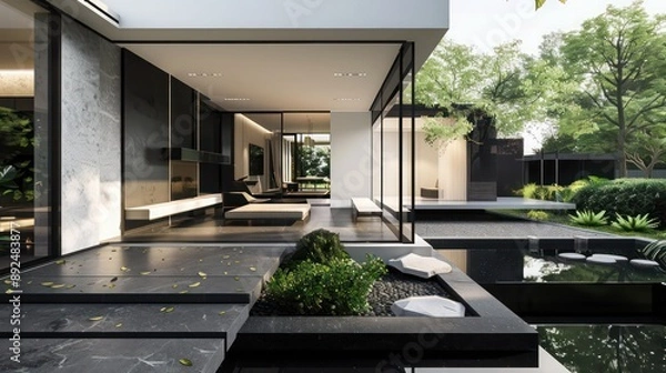 Obraz Suburban home with a minimalist design, featuring a black and white color scheme and a modern garden