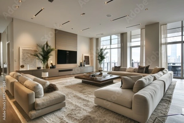 Fototapeta A modern living space featuring a calming neutral color palette, plush furnishings, and sleek decor. Perfect for relaxation and entertainment.