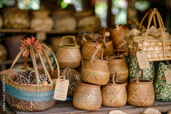 Obraz A vibrant display of handwoven baskets, each adorned with a tag featuring the name of a holiday in elegant calligraphy. Perfect for adding a touch of festive charm to any room.
