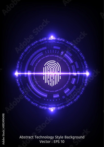 Fototapeta Abstract technology style background, theme of laser scanning sensor with tech circle on fingerprint, also with lights on dark blue color tone