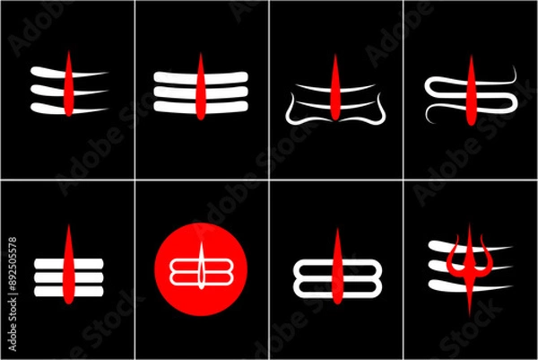 Fototapeta Set of Lord Shiva's Red tilak with white stripes isolated on Black background - vector illustration