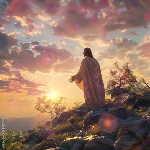 Fototapeta Jesus with open arms, the sun shining towards Him, symbolizing divine love and enlightenment. Perfect for themes of faith, spirituality, and hope