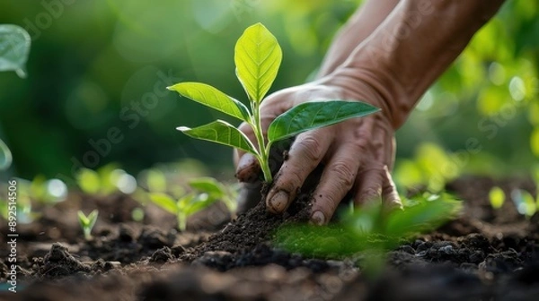 Fototapeta Close-up of hands planting a young seedling in the soil, symbolizing growth, nurturing, and the environment.