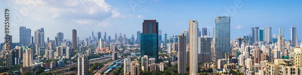 Fototapeta Panorama of Mumbai's skyline on a sunny summer afternoon, spanning from Wadala to Worli