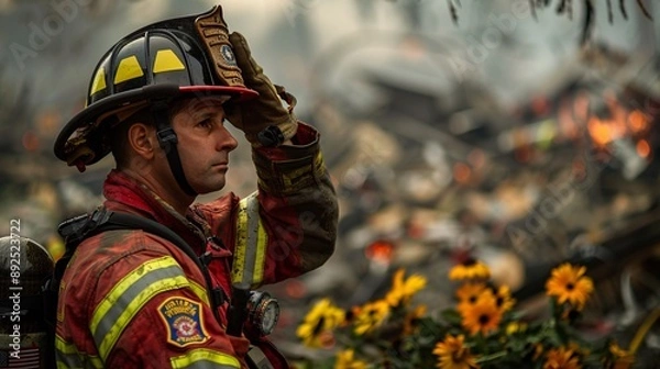 Fototapeta A firefighter saluting the fallen at a makeshift memorial